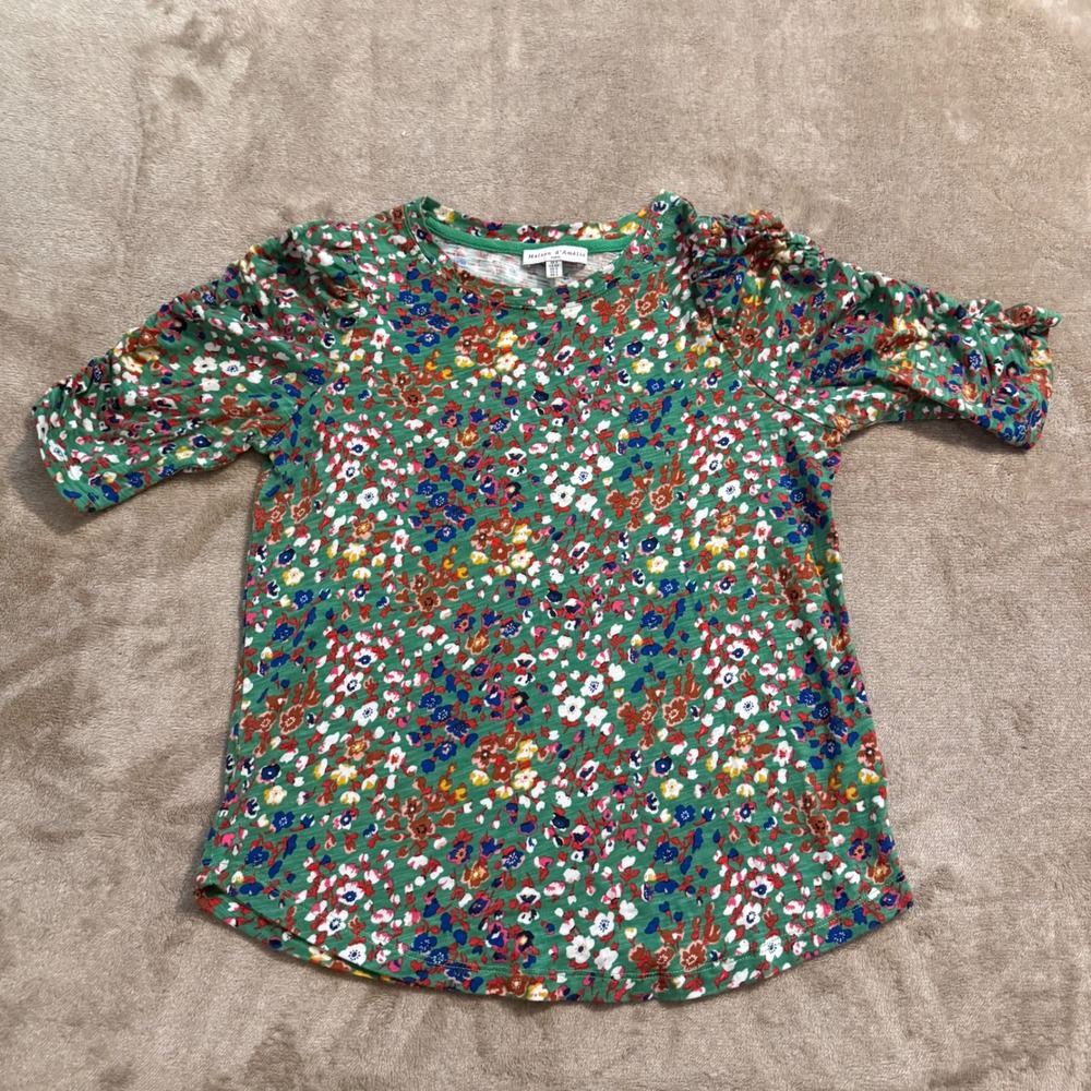 Maison d Amelie Paris Green Floral Puff Sleeve Cotton Modal Top Small